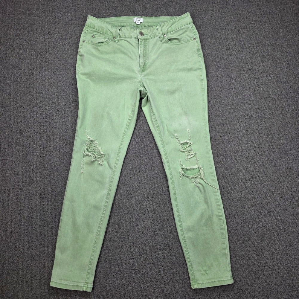 Crown & Ivy Womens Sage‎ Green Distressed Skinny Jeans Size 12 Mid Rise Ripped